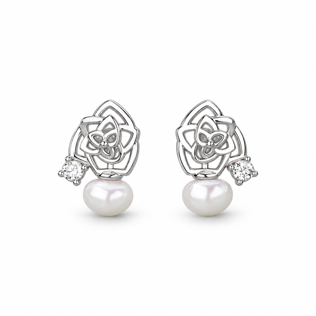 Silver Tone Rose Pearl Stud Earrings - pair view