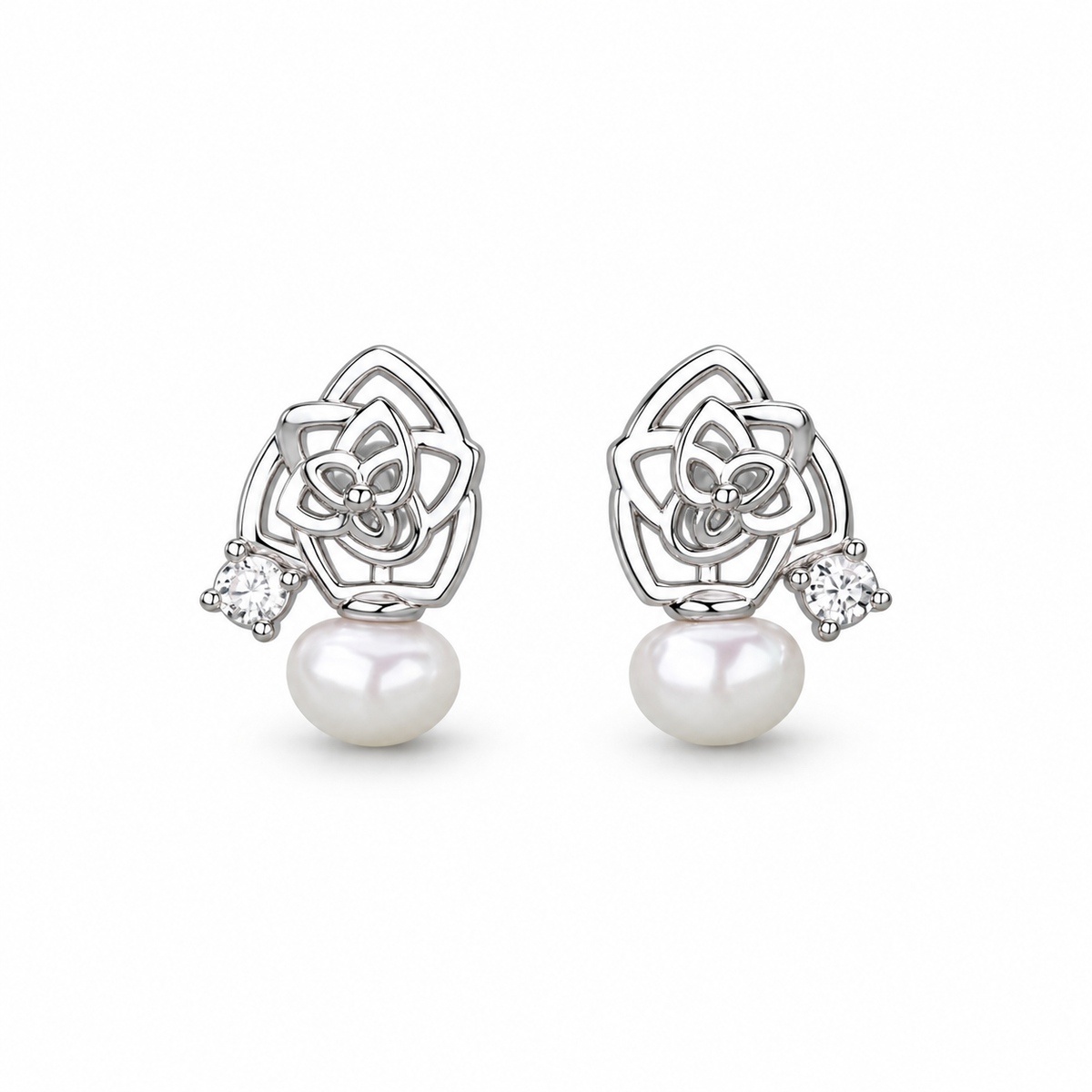 Silver Tone Rose Pearl Stud Earrings - pair view