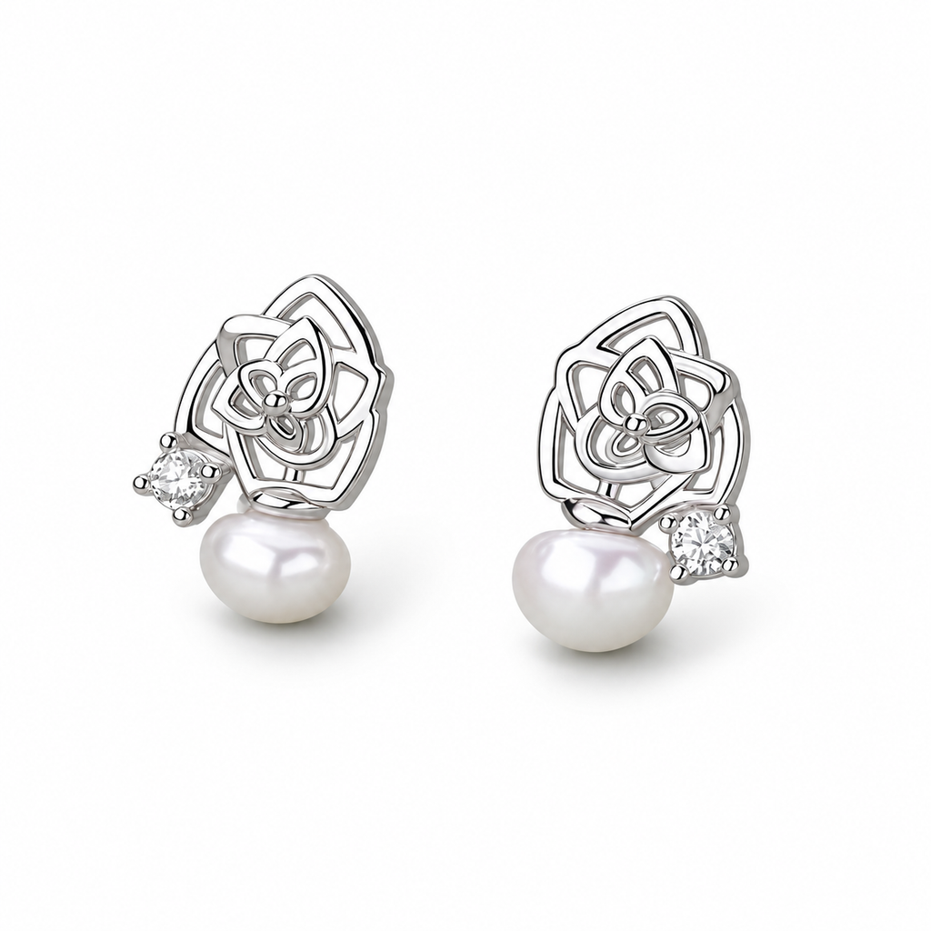 Silver Tone Rose Pearl Stud Earrings - alternate view