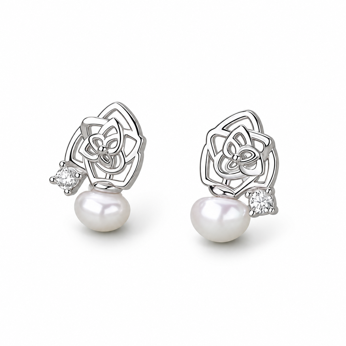 Silver Tone Rose Pearl Stud Earrings - alternate view