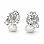 Silver Tone Rose Pearl Stud Earrings - single earring detail