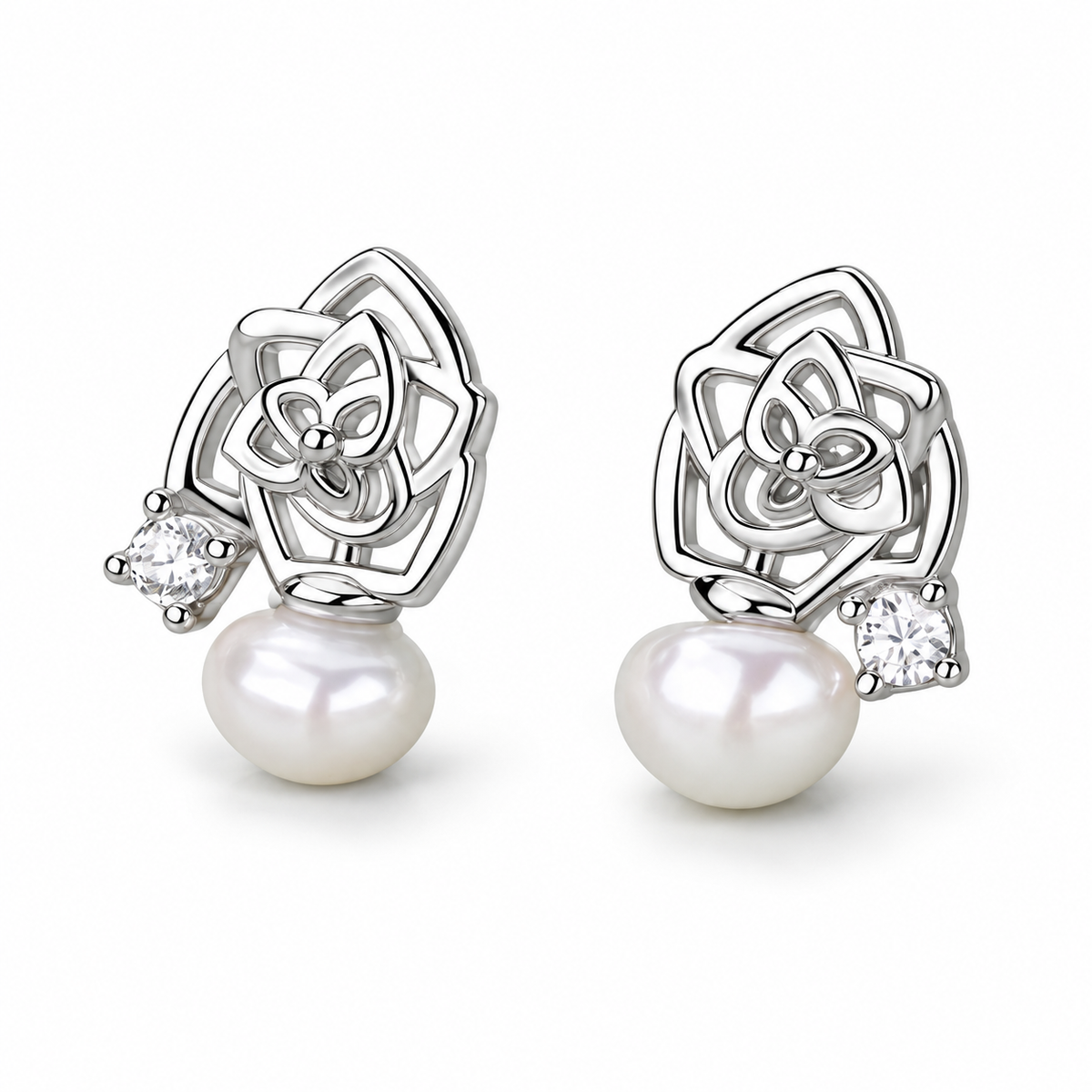 Silver Tone Rose Pearl Stud Earrings - single earring detail