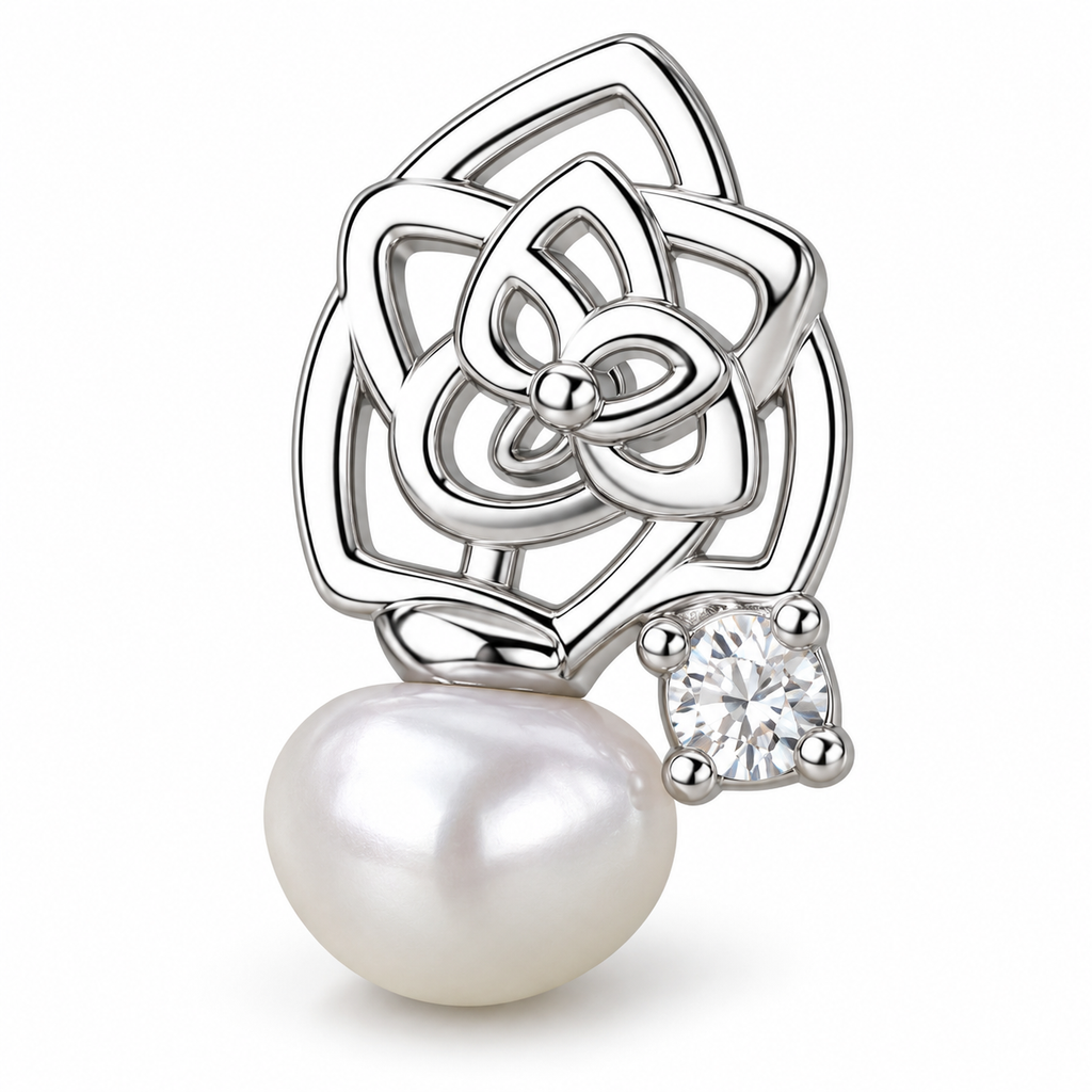 Silver Tone Rose Pearl Stud Earrings - close detail