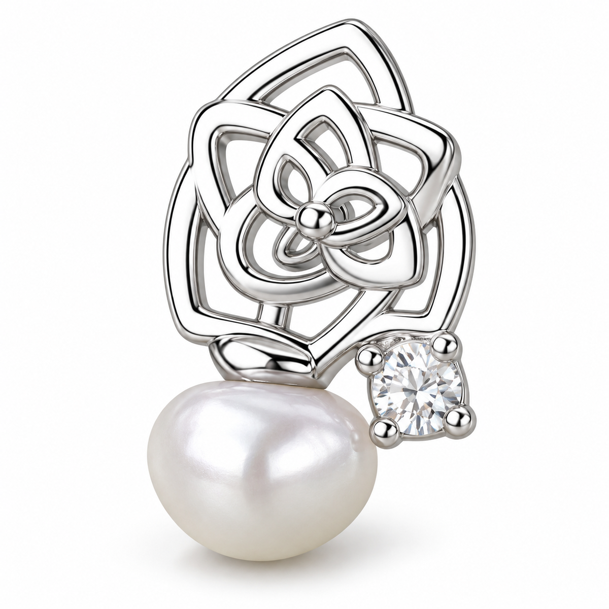 Silver Tone Rose Pearl Stud Earrings - close detail