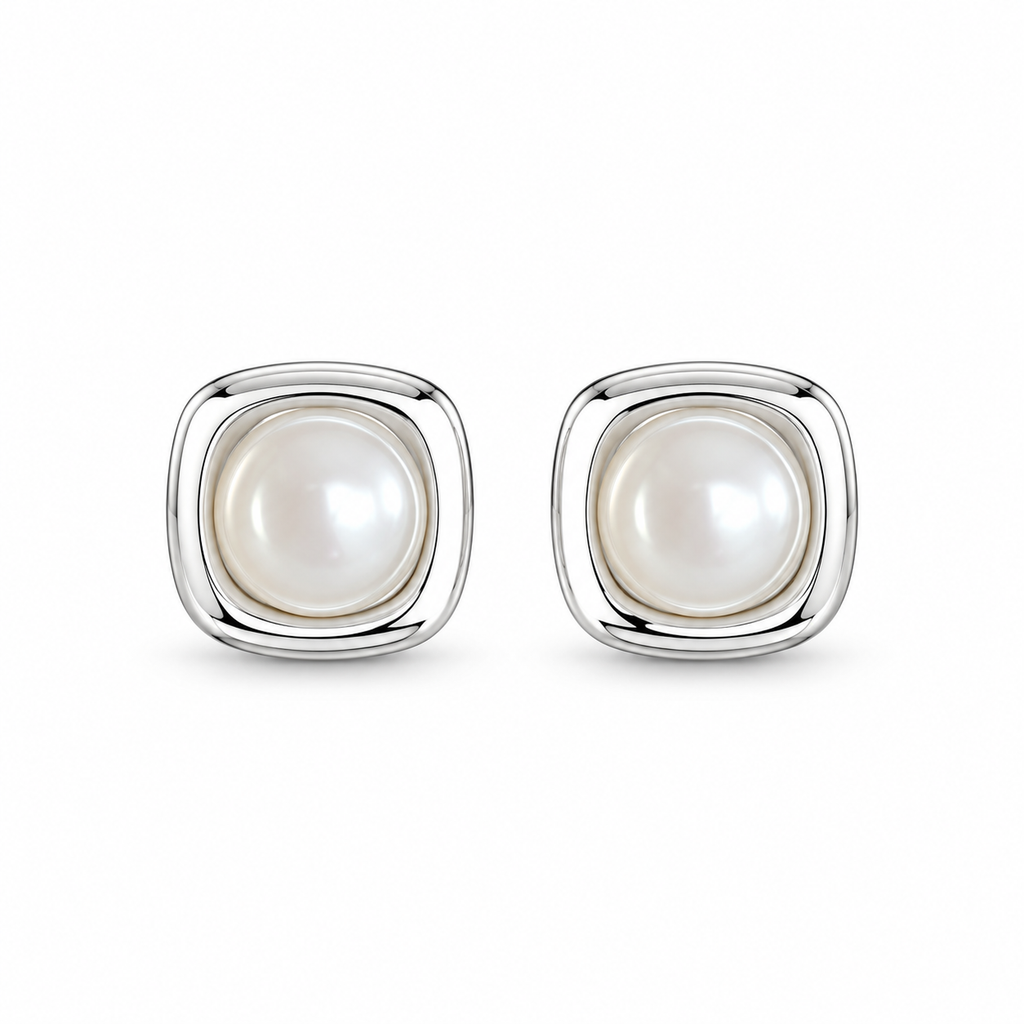 Silver Tone Square Pearl Stud Earrings - pair view