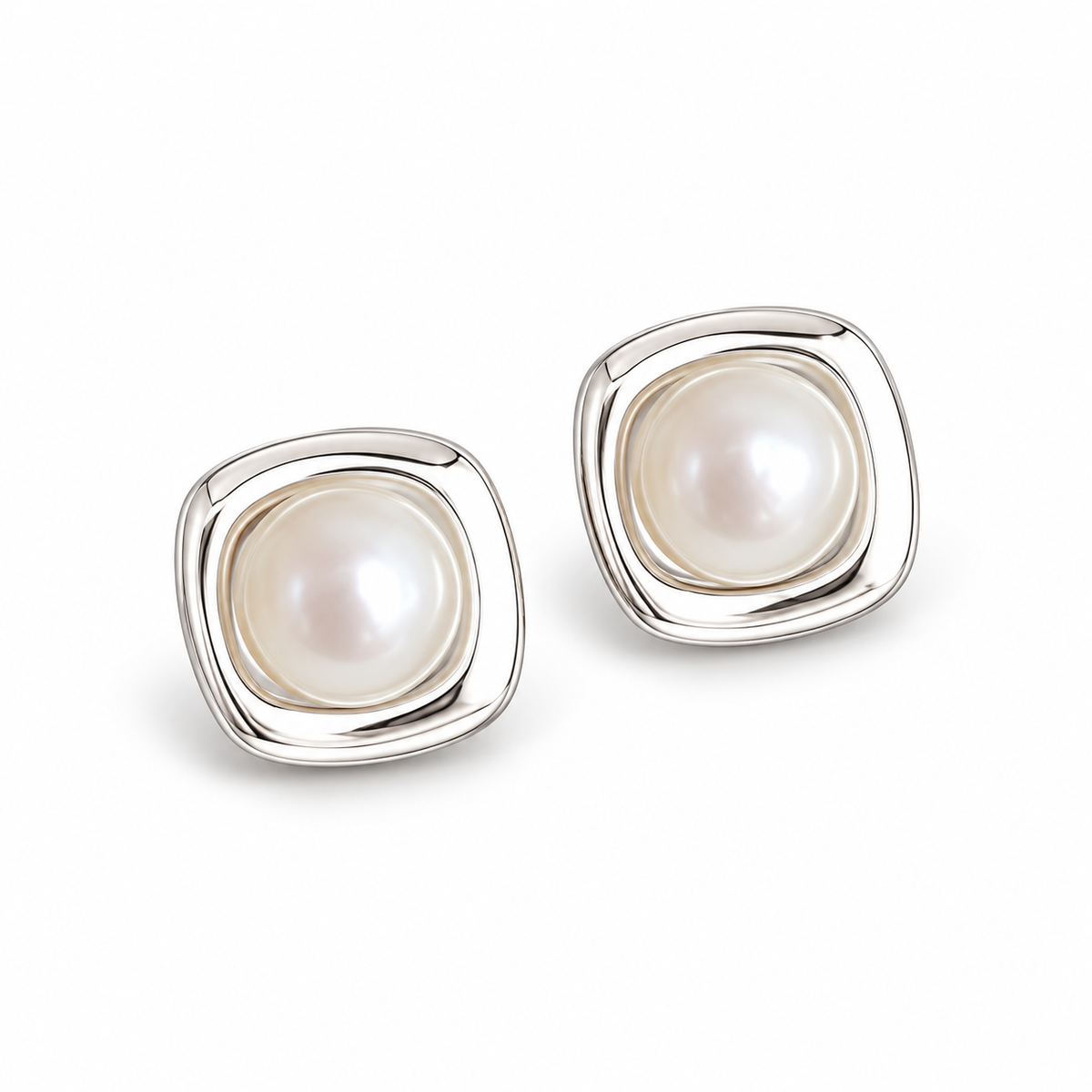 Silver Tone Square Pearl Stud Earrings - alternate view