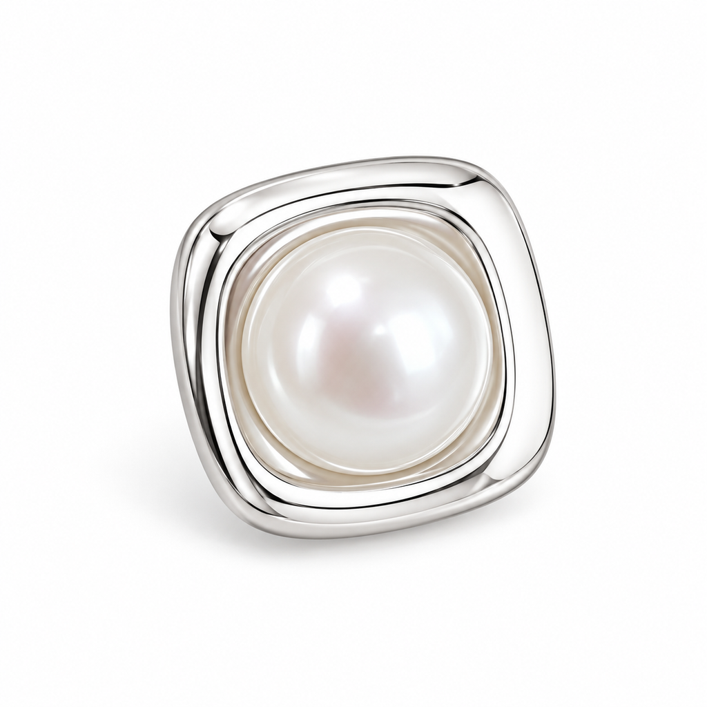 Silver Tone Square Pearl Stud Earrings - single earring detail