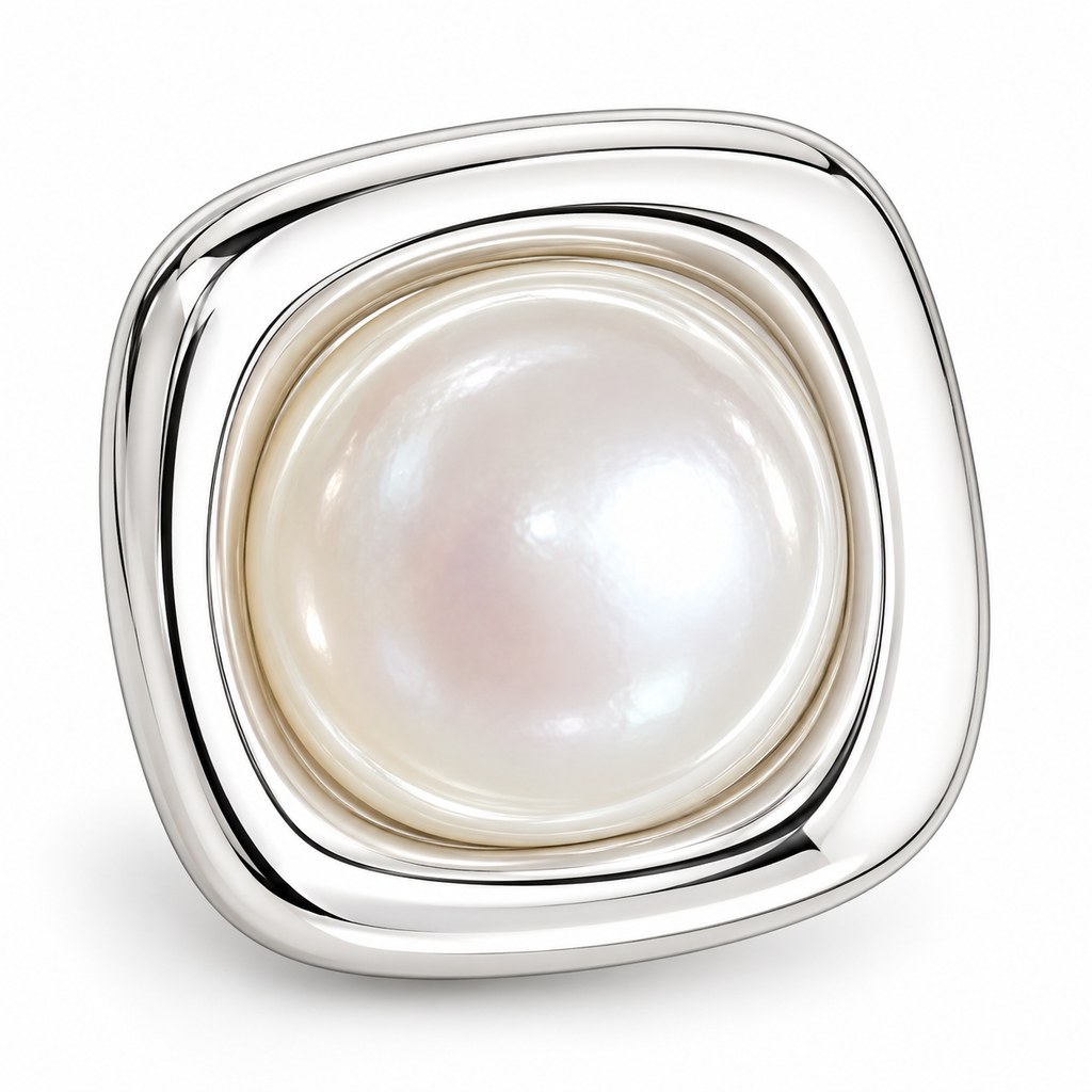 Silver Tone Square Pearl Stud Earrings - close detail
