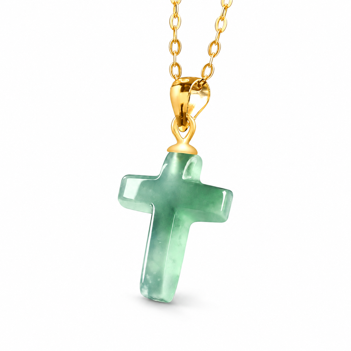 Small Blue Green Cross Pendant Necklace — chain angled view