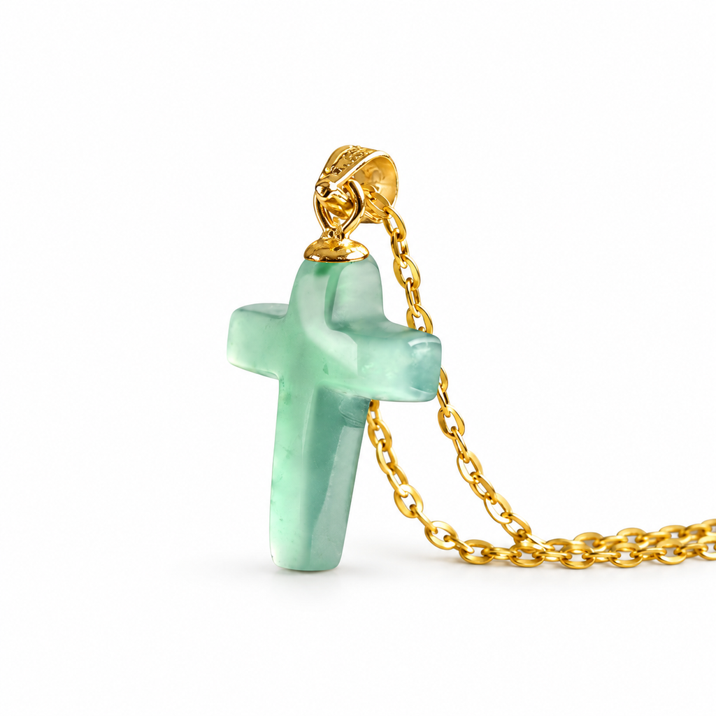Small Blue Green Cross Pendant Necklace — chain side view