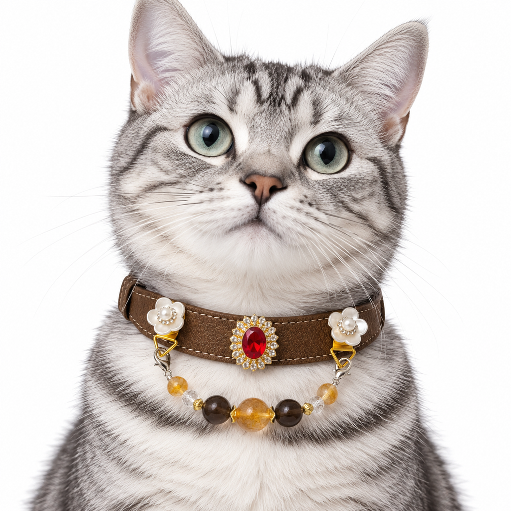 Smoky Golden Crest Beaded Pet Collar - AI pet wearing styling illustration