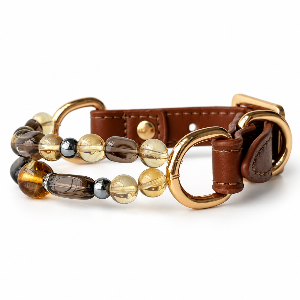 Smoky Honey Arc Beaded Pet Collar - bead and strap detail