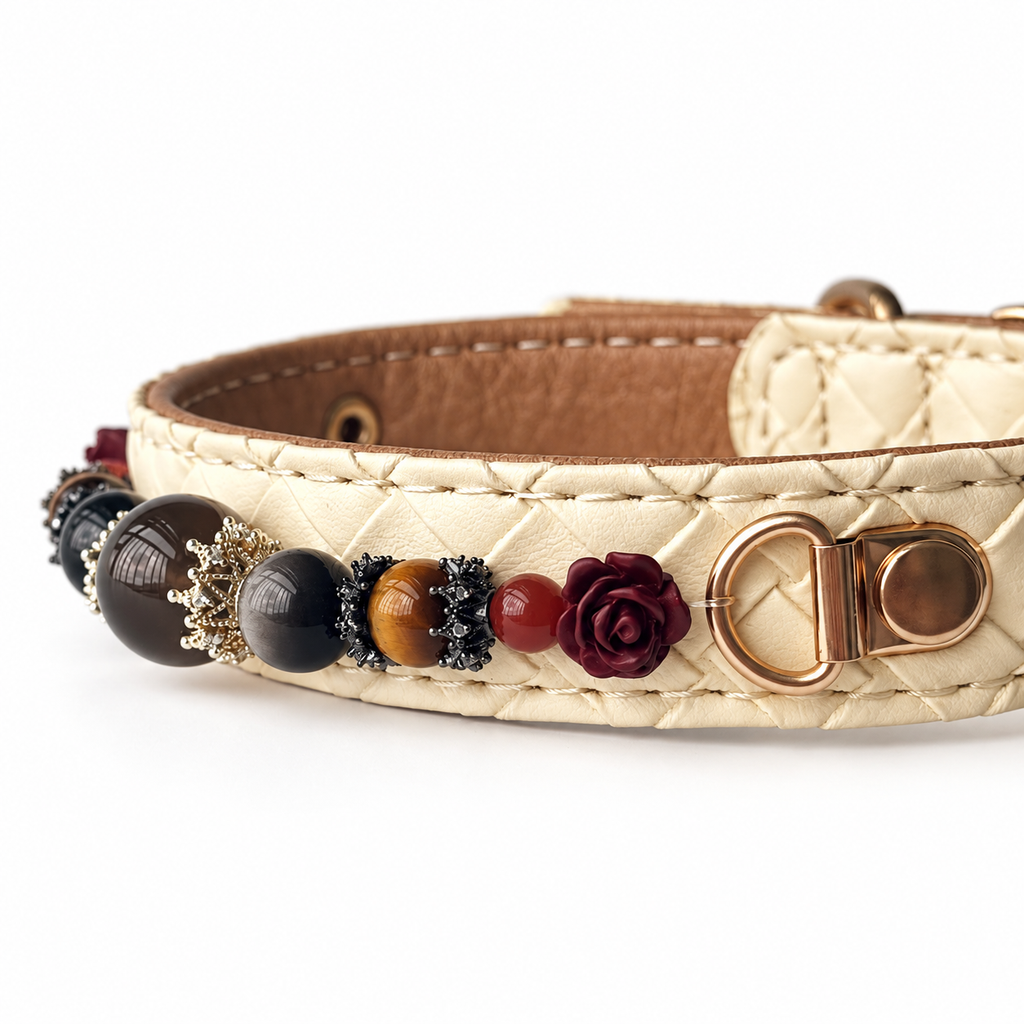 Smoky Rose Beaded Pet Collar - bead and strap detail