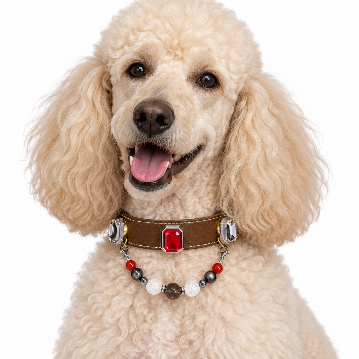 Smoky Scarlet Human & Pet Match — cream poodle wearing the pet collar, AI styling illustration