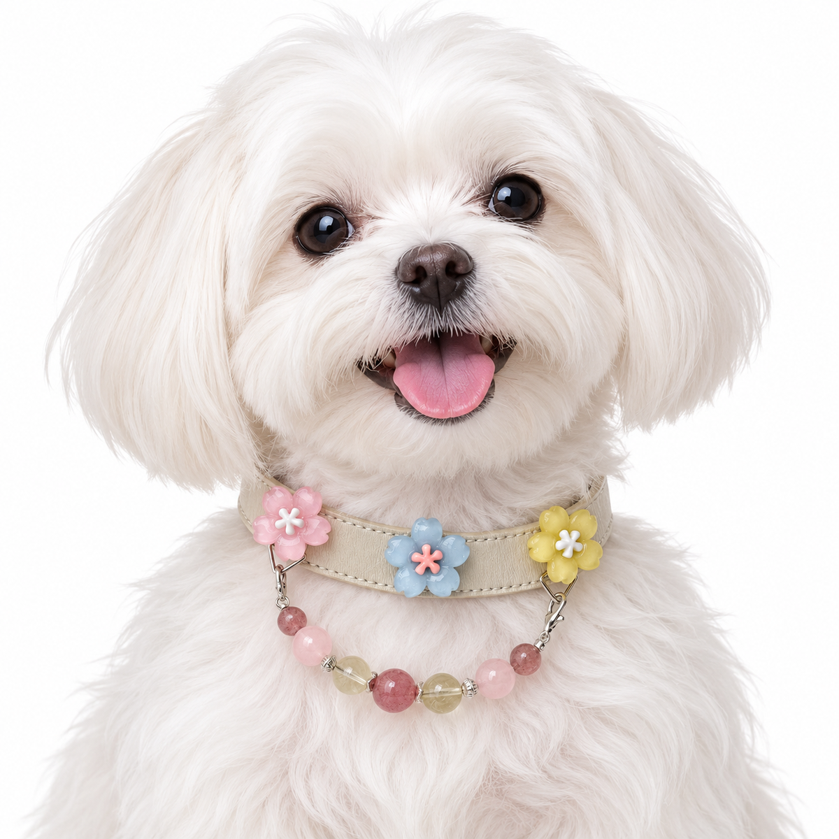 Strawberry Pastel Bloom Beaded Pet Collar - AI pet wearing styling illustration