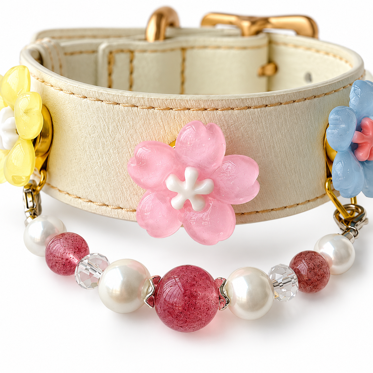 Strawberry Pearl Blossom Beaded Pet Collar - bead and strap detail