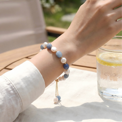 Natural Blue Aventurine & Freshwater Pearl Adjustable Bracelet | Elegant Healing Jewelry
