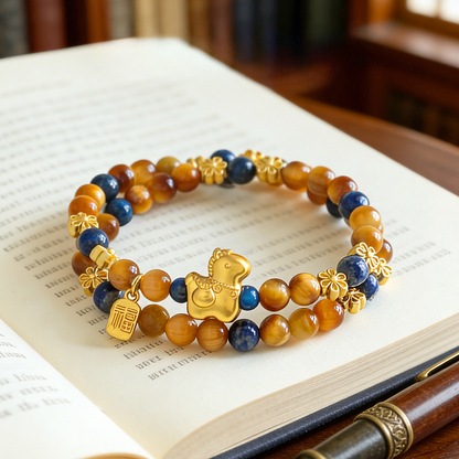 Natural Golden Tiger Eye Double Wrap Bracelet with Fortune Charms | Protection & Wealth Jewelry