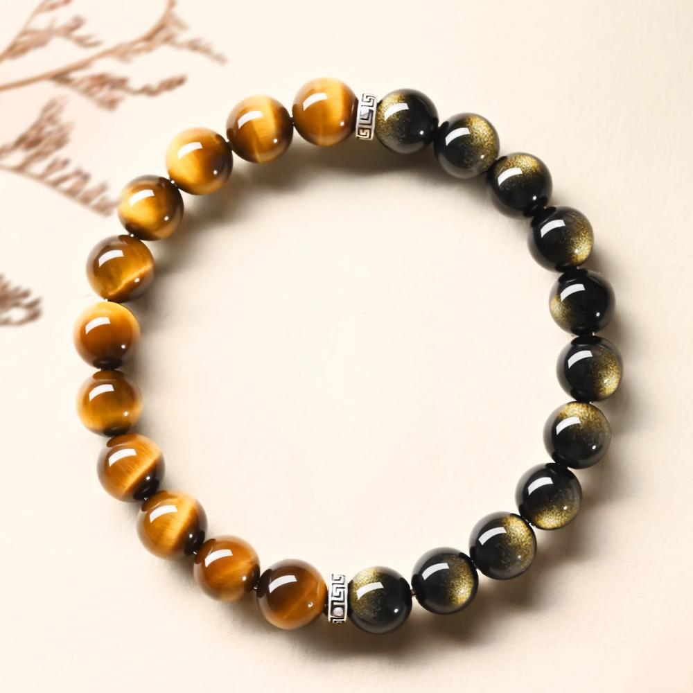 Natural Tiger's Eye & Golden Obsidian Bracelet | Mantra Protection Amulet