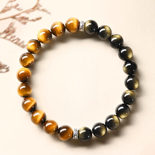 Natural Tiger's Eye & Golden Obsidian Bracelet | Mantra Protection Amulet