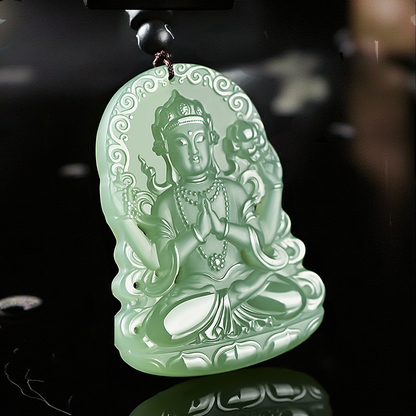 Authentic Hetian Jade Four-Armed Guanyin Pendant | Ice Green Nephrite Amulet