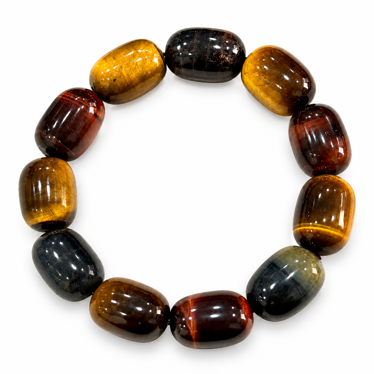Tricolor Tiger’s Eye Barrel Bead Bracelet — angled view