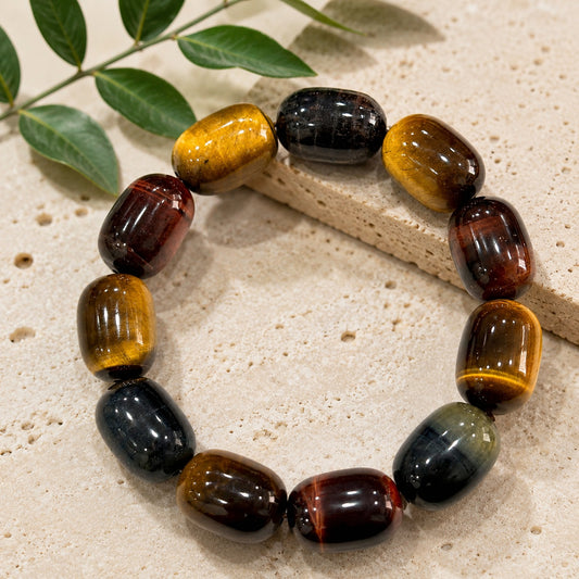 Tricolor tiger’s eye barrel bead bracelet with red golden and blue tiger’s eye stones