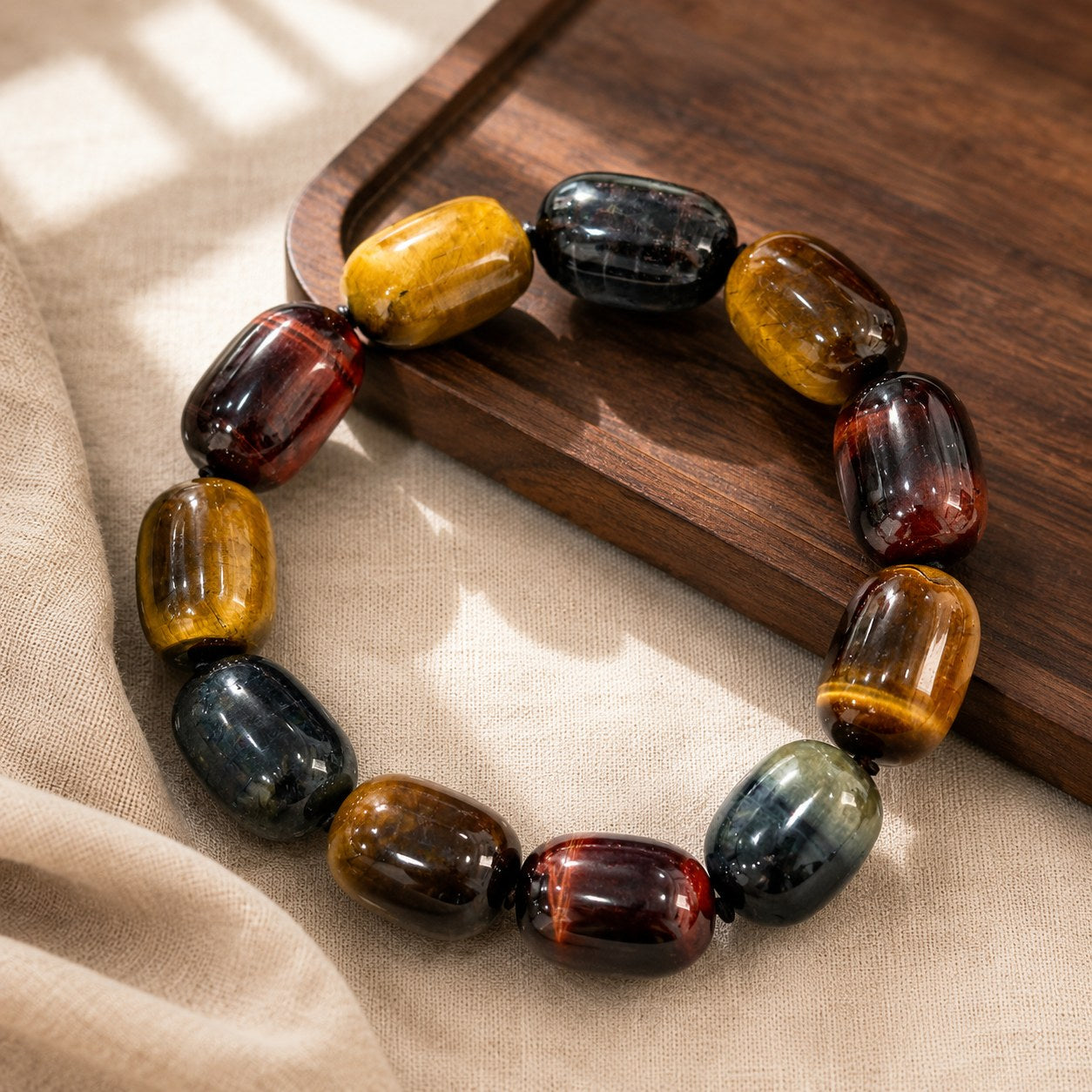 Polished tricolor tiger’s eye barrel bead bracelet displayed beside a wooden tray