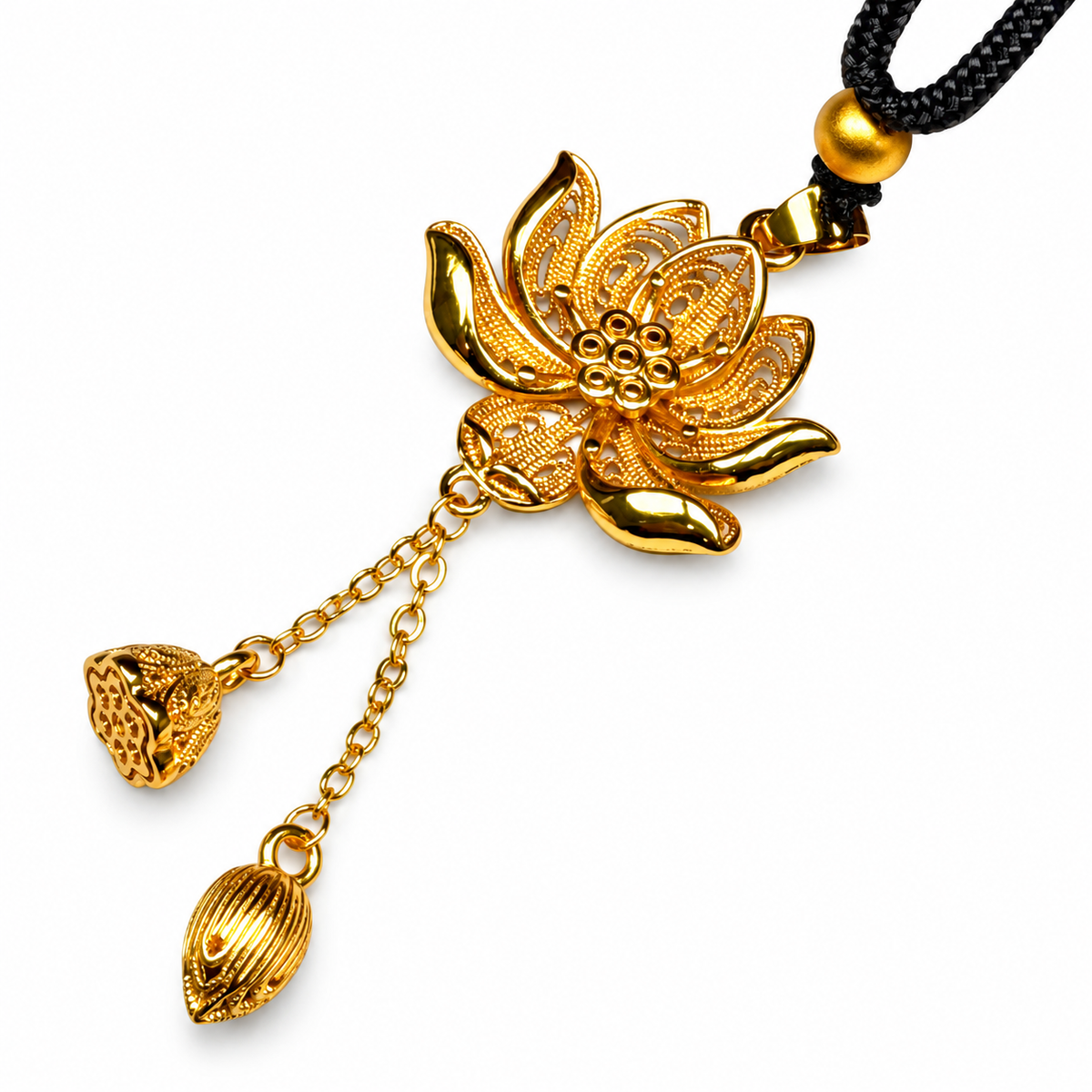Gold-Tone Filigree Lotus Tassel Pendant — detail view
