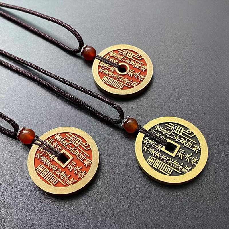 Authentic Taoist Bagua Coin Pendant | Cinnabar Brass Protection Amulet Necklace