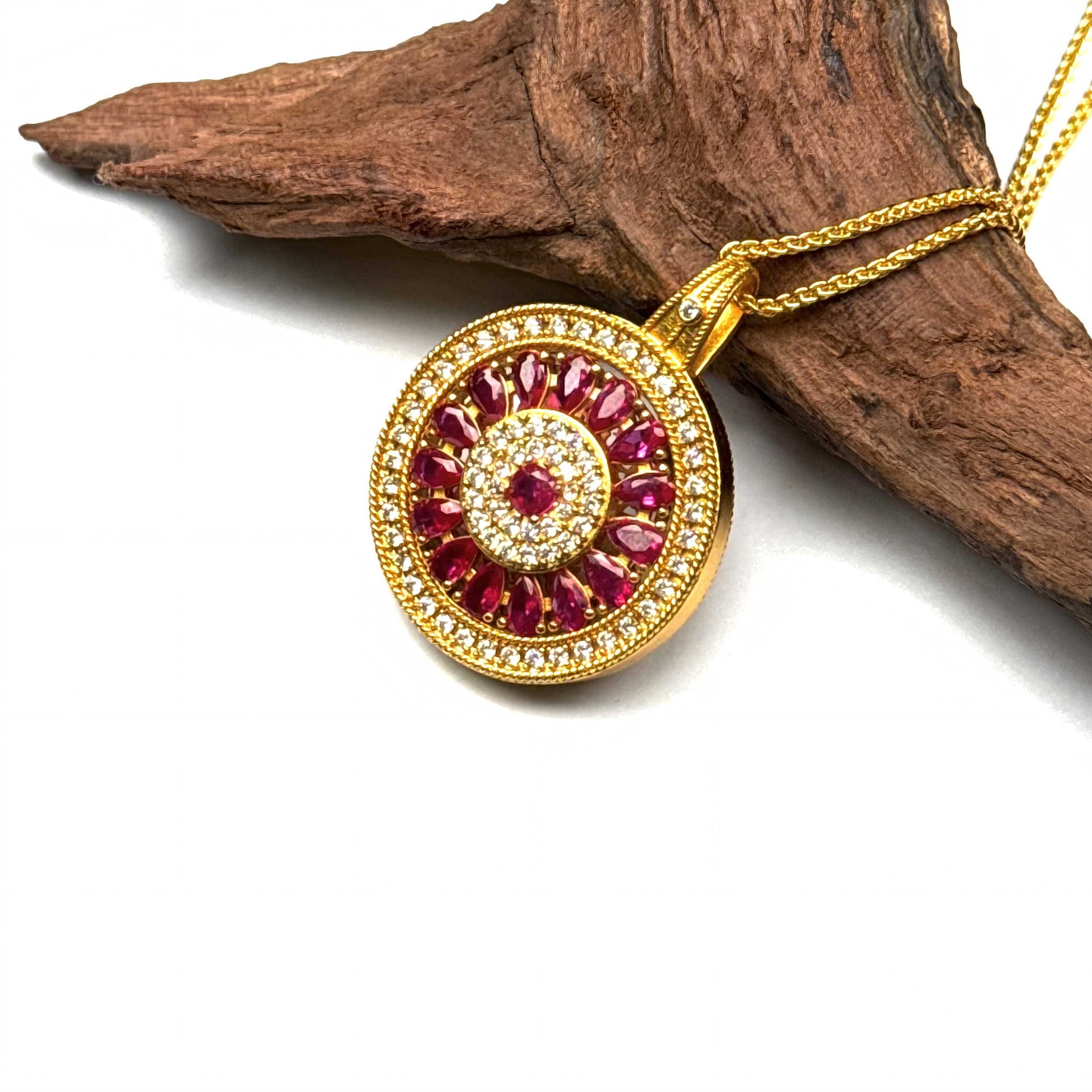 An angled macro shot of the sand gold spinner amulet necklace, highlighting its thick premium build and smooth rotating mechanism.
