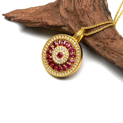 An angled macro shot of the sand gold spinner amulet necklace, highlighting its thick premium build and smooth rotating mechanism.