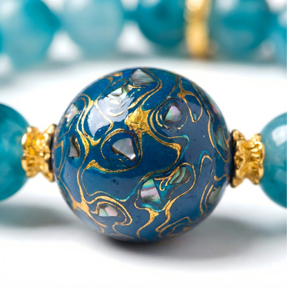 Natural Blue Chalcedony Beaded Bracelet with Handmade Lacquer Bead | Vintage Artistic Jewelry