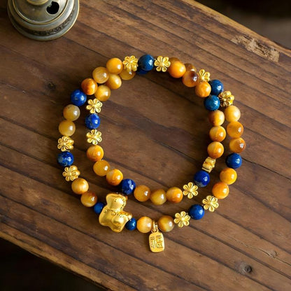Natural Golden Tiger Eye Double Wrap Bracelet with Fortune Charms | Protection & Wealth Jewelry