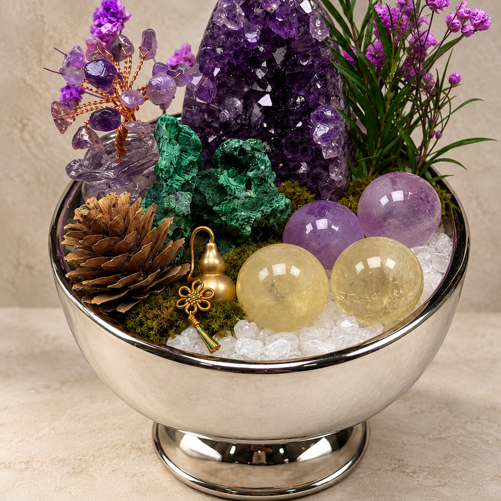 Violet Blessings Crystal Garden — foreground stones and bowl detail
