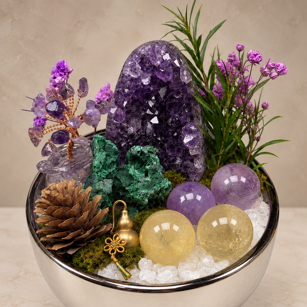 Violet Blessings Crystal Garden — centerpiece and botanical detail