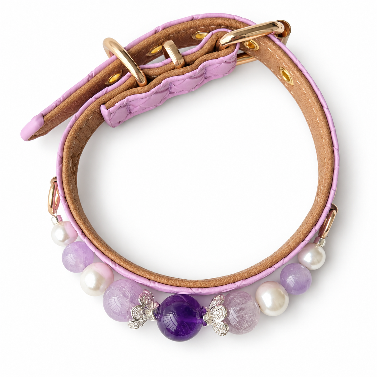 Violet Butterfly Beaded Pet Collar - overhead view
