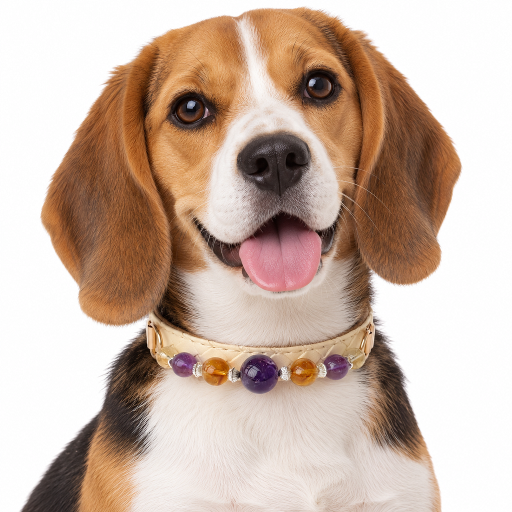 Violet Dawn Beaded Pet Collar - AI pet wearing styling illustration