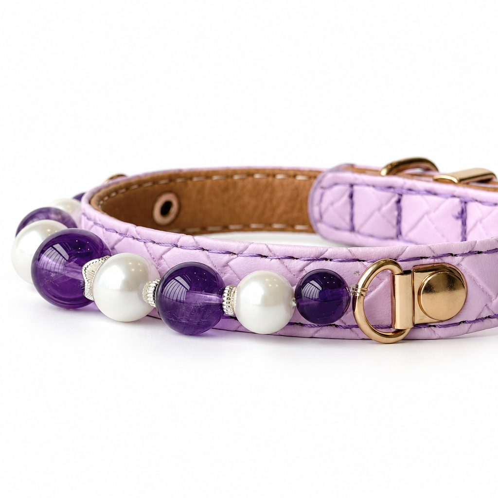Violet Halo Beaded Pet Collar - bead and strap detail