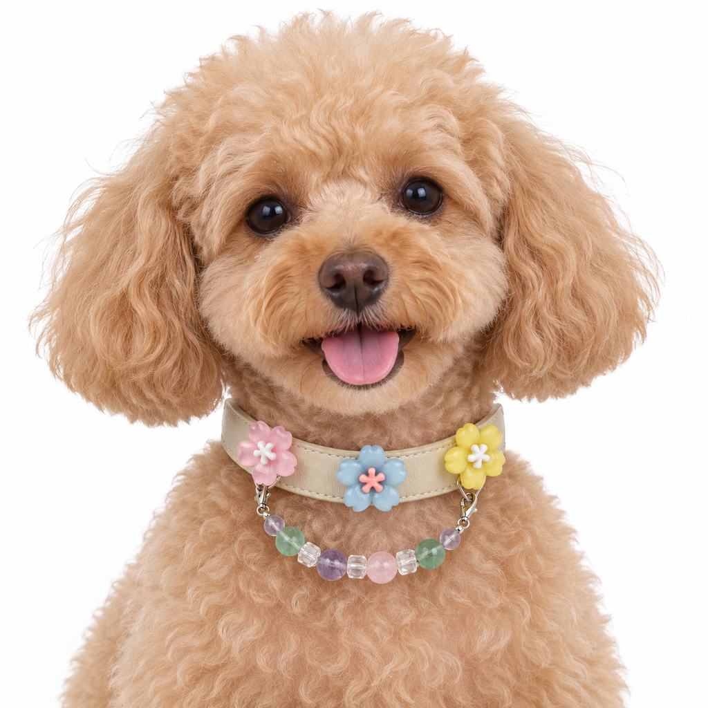 Violet Pastel Bloom Beaded Pet Collar - AI pet wearing styling illustration