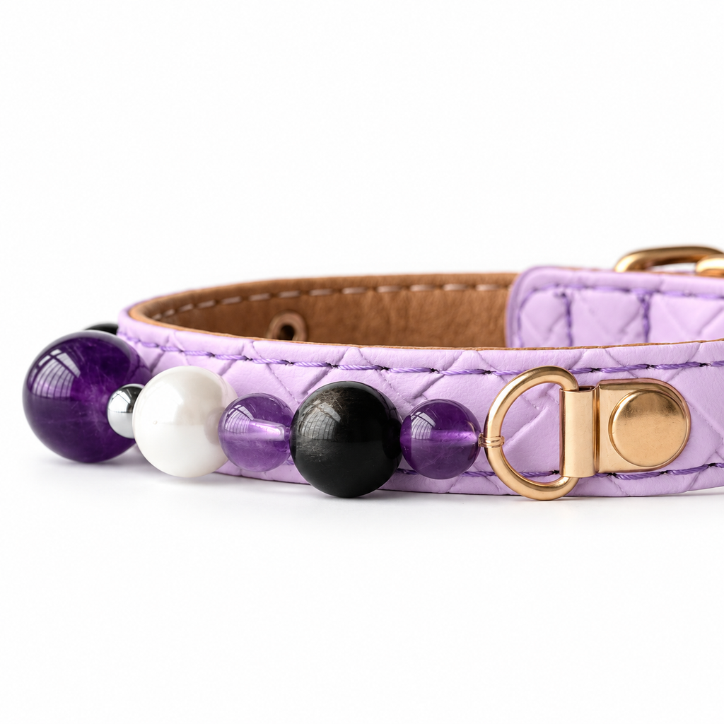 Violet Pearl Beaded Pet Collar - bead and strap detail