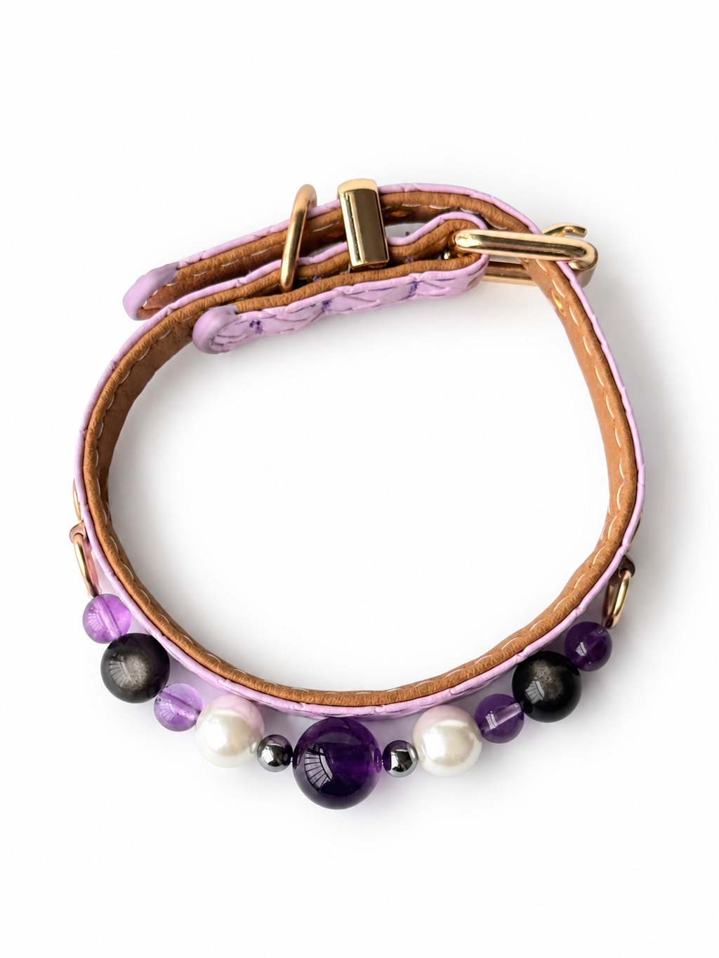 Violet Pearl Beaded Pet Collar - overhead view