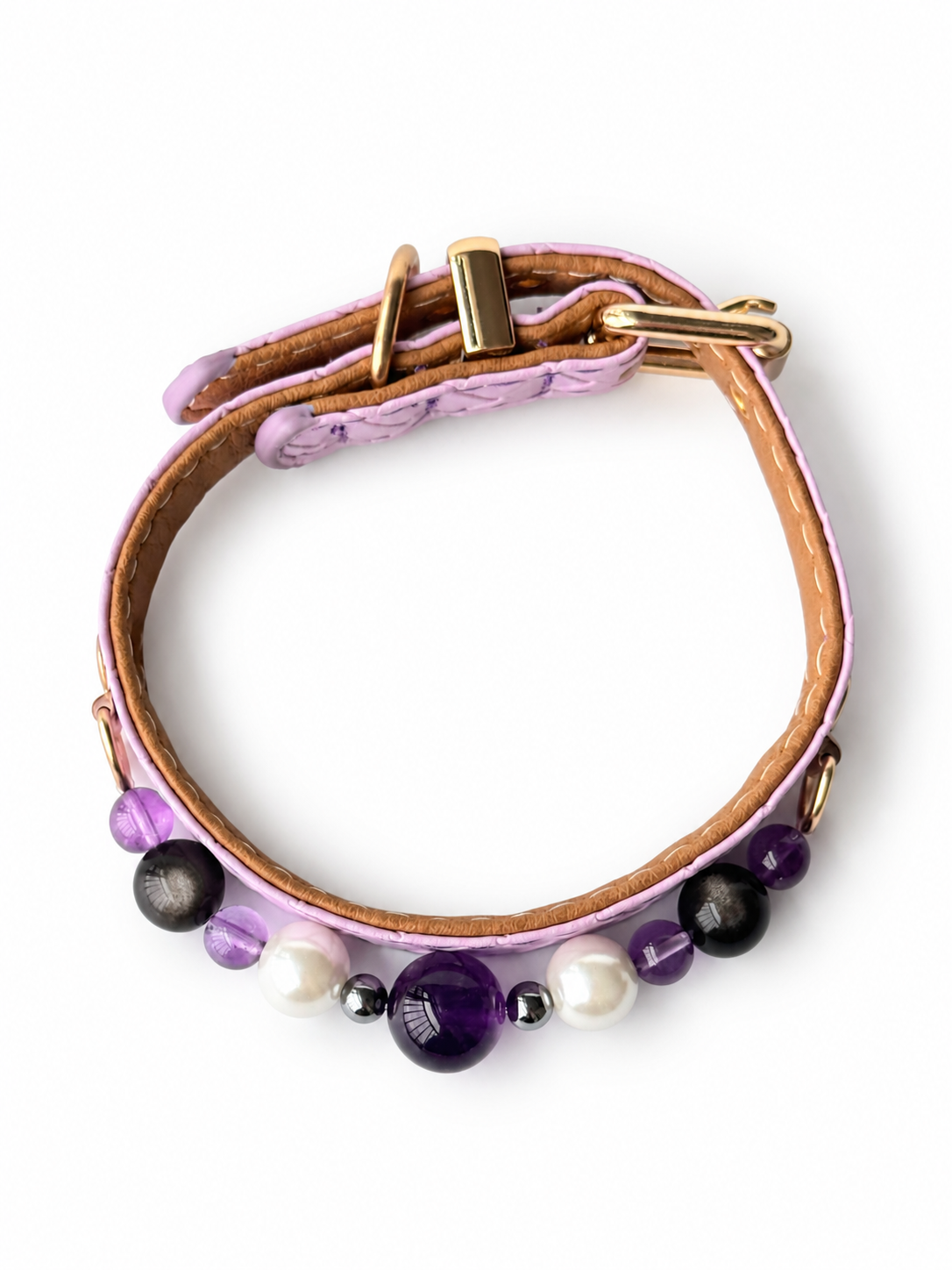 Violet Pearl Beaded Pet Collar - overhead view