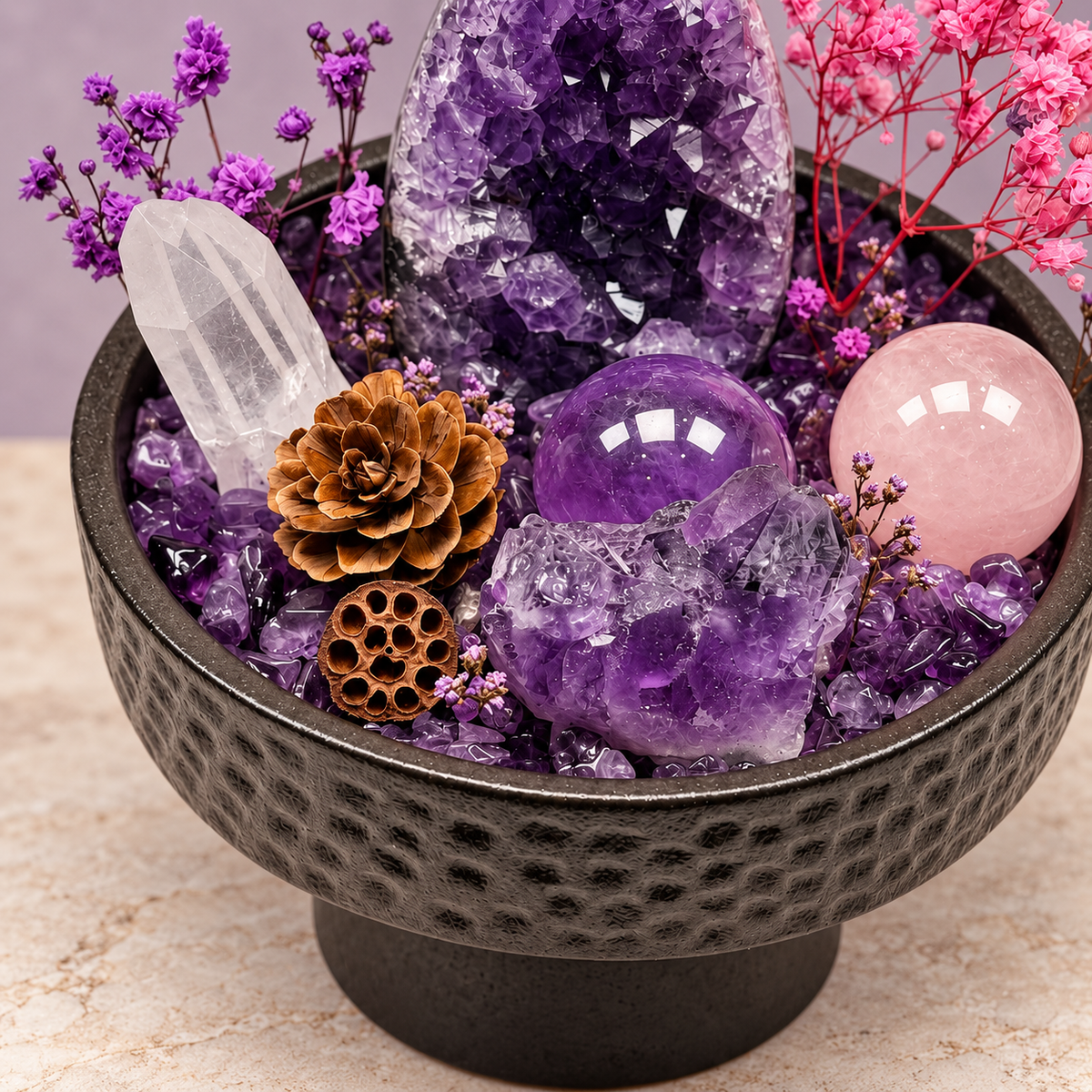 Violet Reverie Crystal Garden — foreground stones and bowl detail