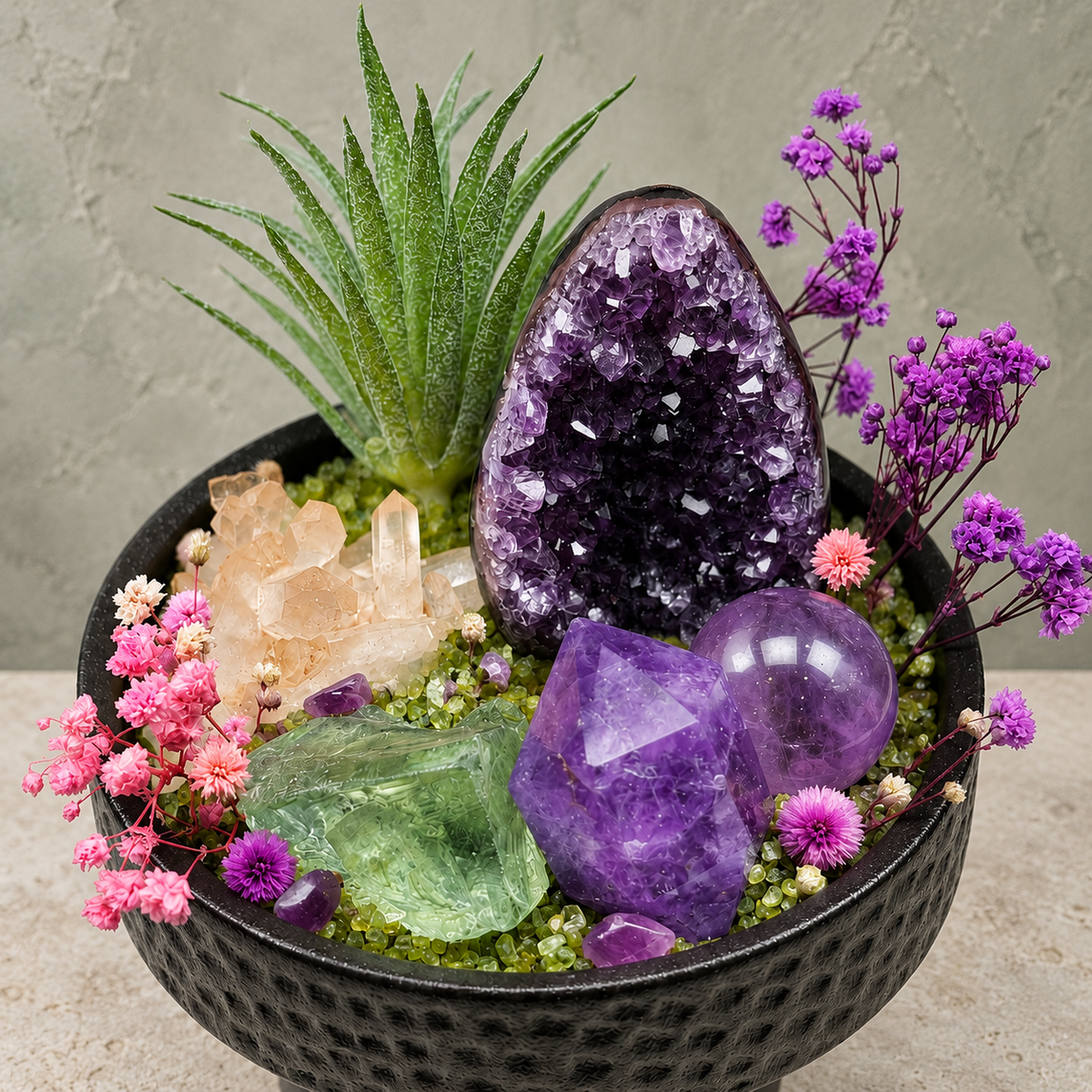 Violet Sanctuary Green Crystal Garden — centerpiece and botanical detail