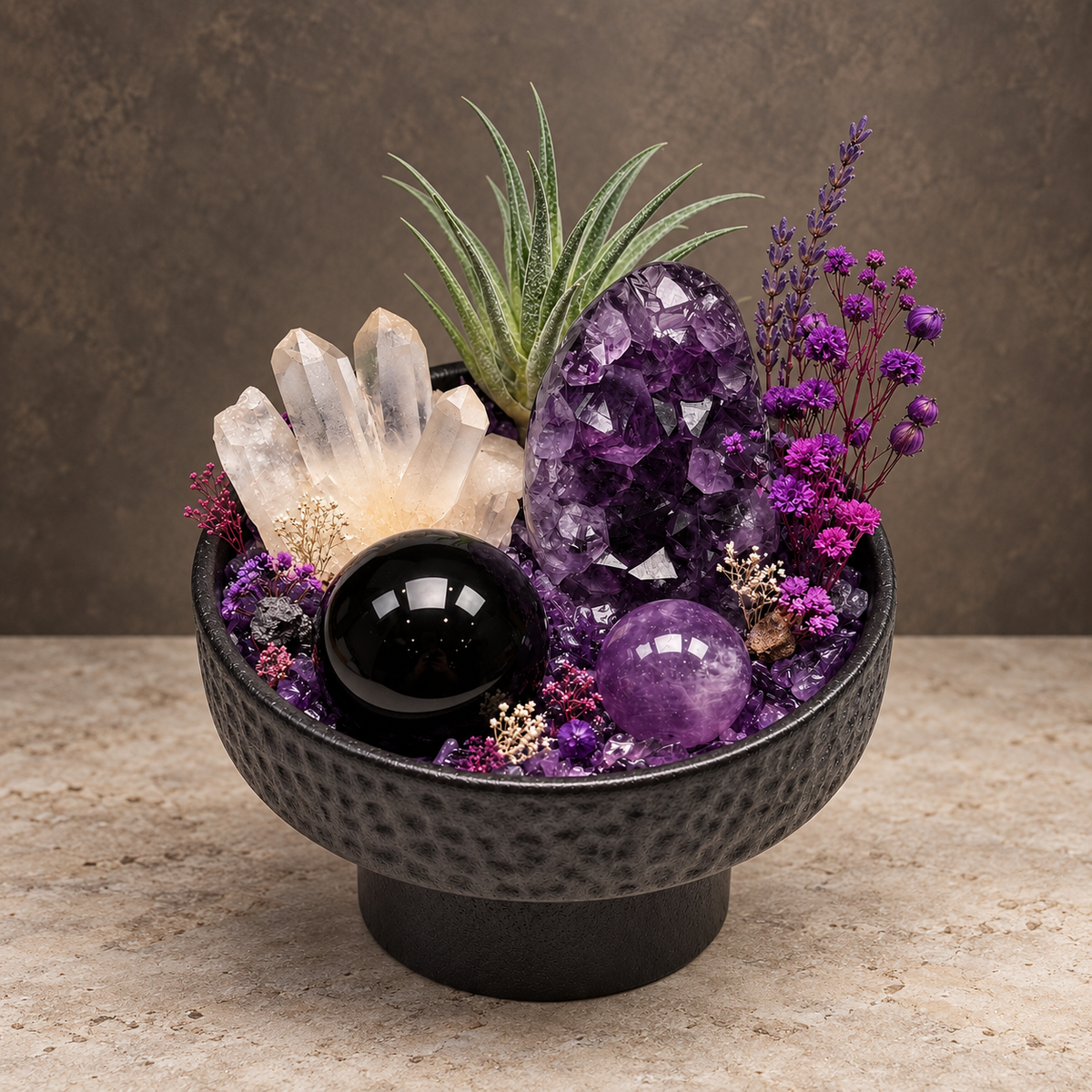 Violet Sanctuary Noir Crystal Garden — complete decorative arrangement