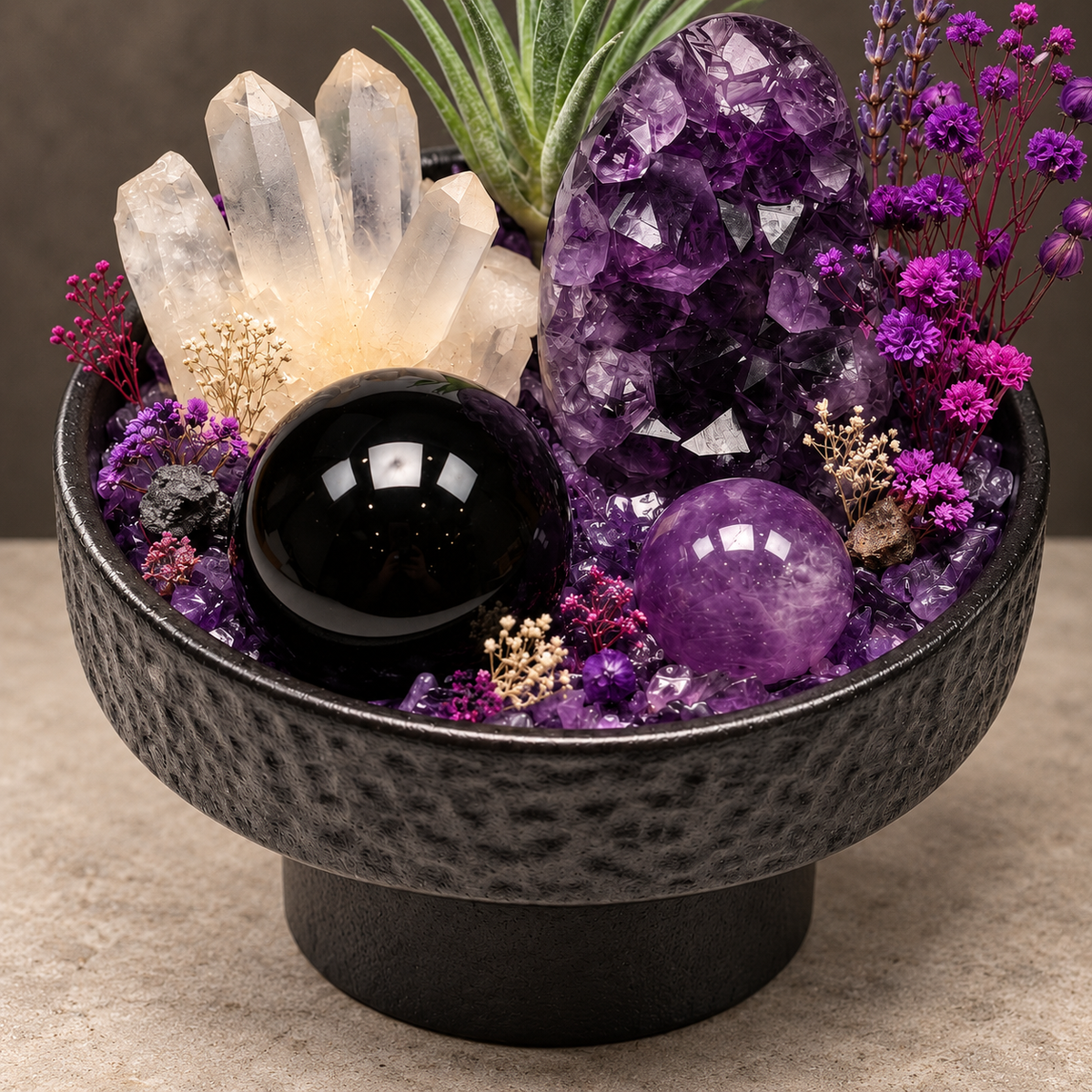 Violet Sanctuary Noir Crystal Garden — foreground stones and bowl detail
