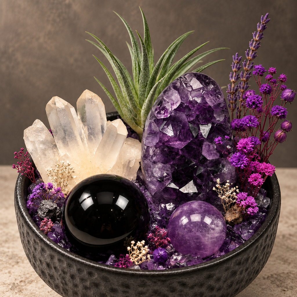 Violet Sanctuary Noir Crystal Garden — centerpiece and botanical detail