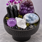 Violet Serpent Crystal Garden — foreground stones and bowl detail