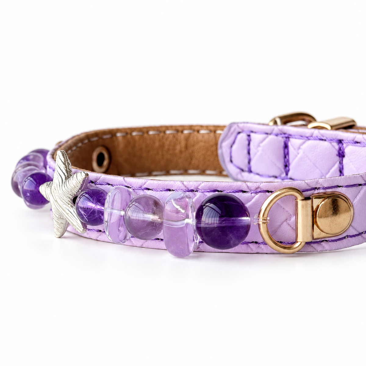 Violet Starfish Beaded Pet Collar - bead and strap detail